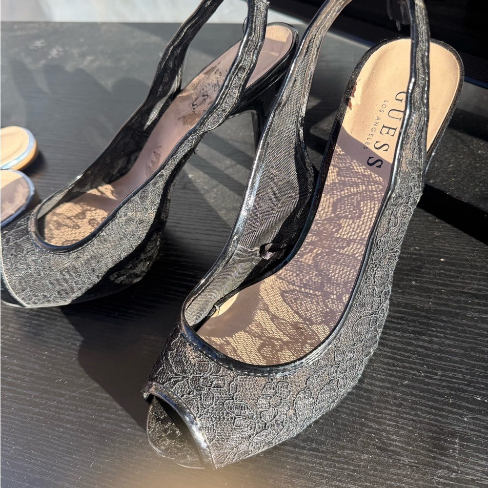 GUESS Black Lace Slingback Heels